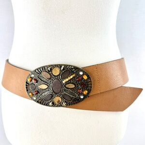 Chico’s Tan Leather Belt with Stone-Embedded Brass-Tone Buckle